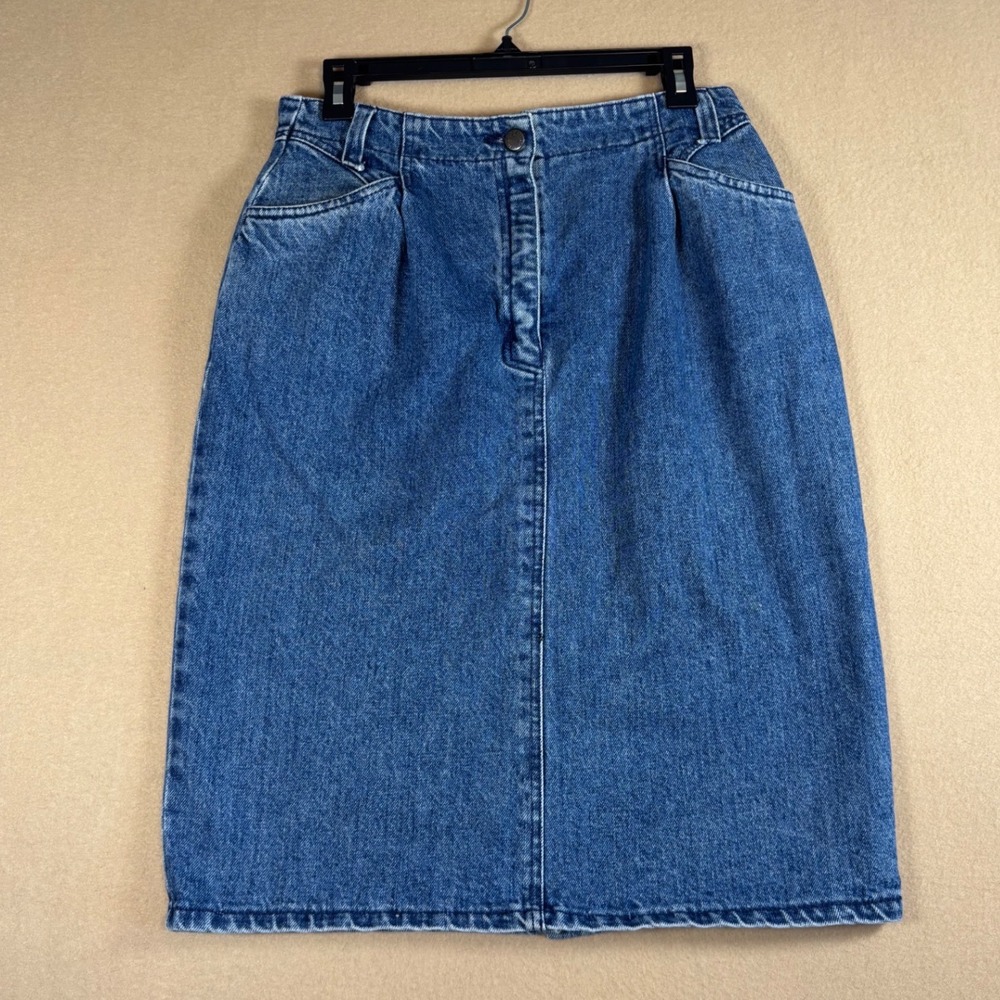 Happening 24 Vintage Denim Midi Skirt Blue Cotton Pleated High Waist Size 44